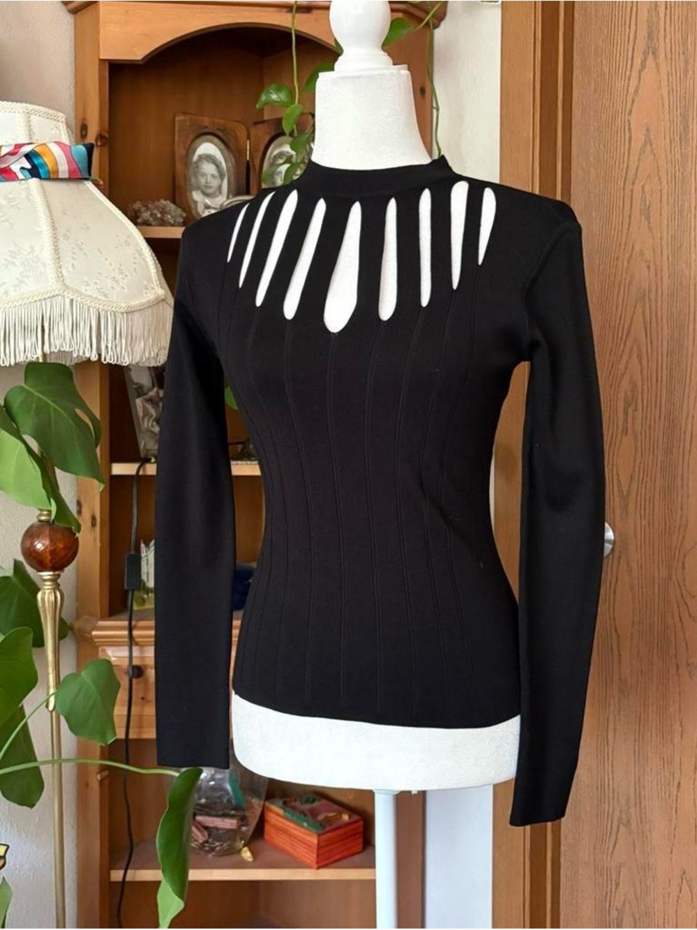 Cache Black Ribbed Silk Long-Sleeve Top